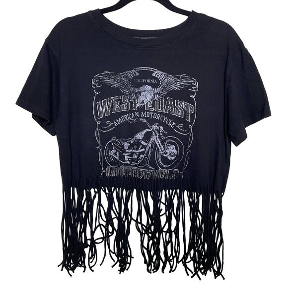 Forever 21 West Coast Motorcycle T-Shirt Fringe Trim Short Sleeve Black Size M - Picture 1 of 10